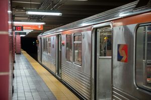 SEPTA subway train stopped at the platform along the Broad Street line