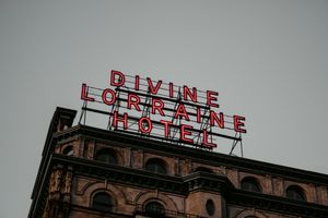 The large neon sign on the roof of the Divine Lorraine Hotel on North Broad Street in Philadelphia
