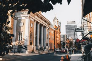 20th and Rittenhouse in Philadelphia, with St. Patrick’s Church on the left and storefronts on the right