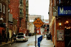 Looking west up Ranstead Street from 18th St in Philadelphia, with the Midtown Diner on the northwest corner. A road sign reads "No Outlet".