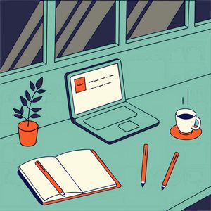Illustration of a laptop on a desk, with an open notebook on the left and a cup of coffee on the right