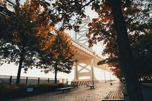 View of the Benjamin Franklin Bridge in Philadelphia, looking up from Race Street Pier