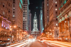 Philadelphia City Hall at night, looking north from South Broad Street
